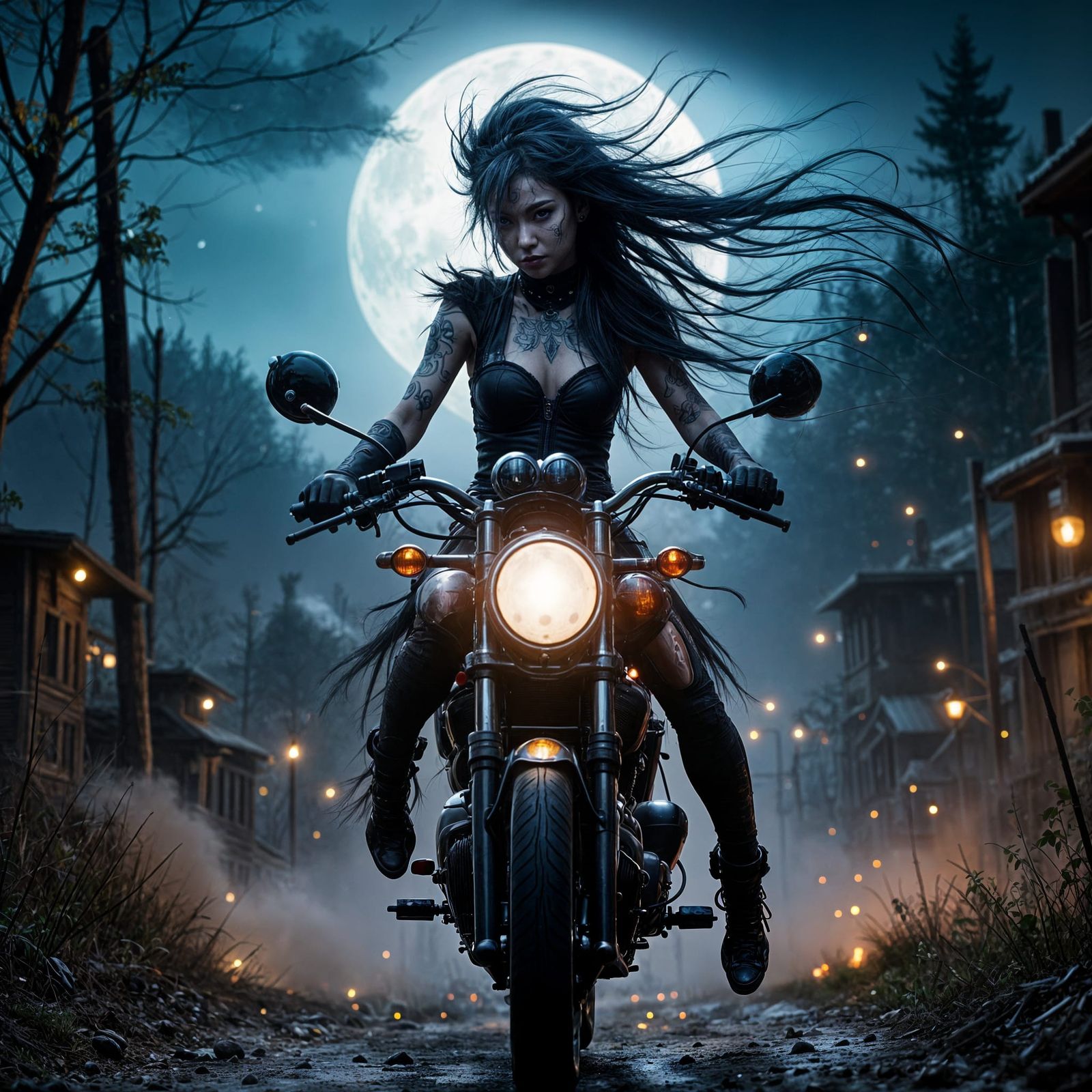 Dark Fantasy Biker Goddess Rides Under Art Nouveau Punk Moon...