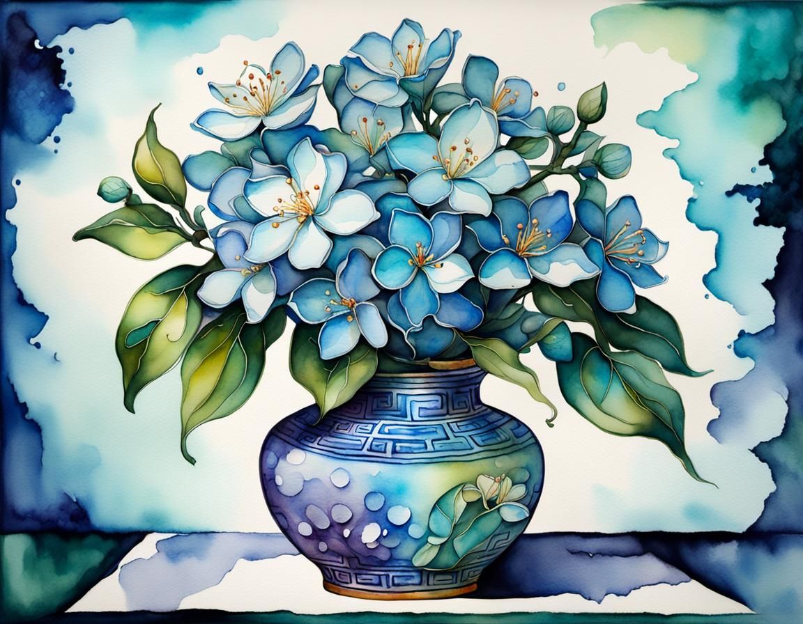 Jasmine in Vase, Watercolor and Ink Art