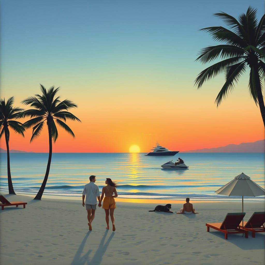 Serene Beach Scene in Ukiyo-e Style at Sunset