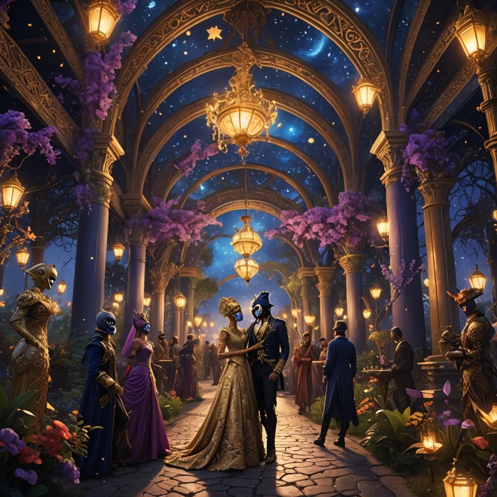 Ornate Masquerade Ball in Dreamlike Garden