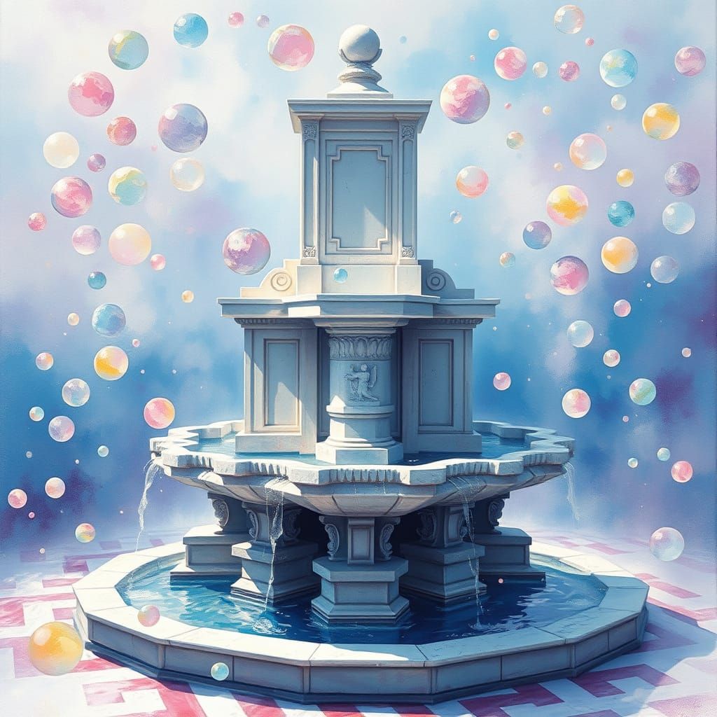 Bubbling Fountain in Impressionist Gouache Style