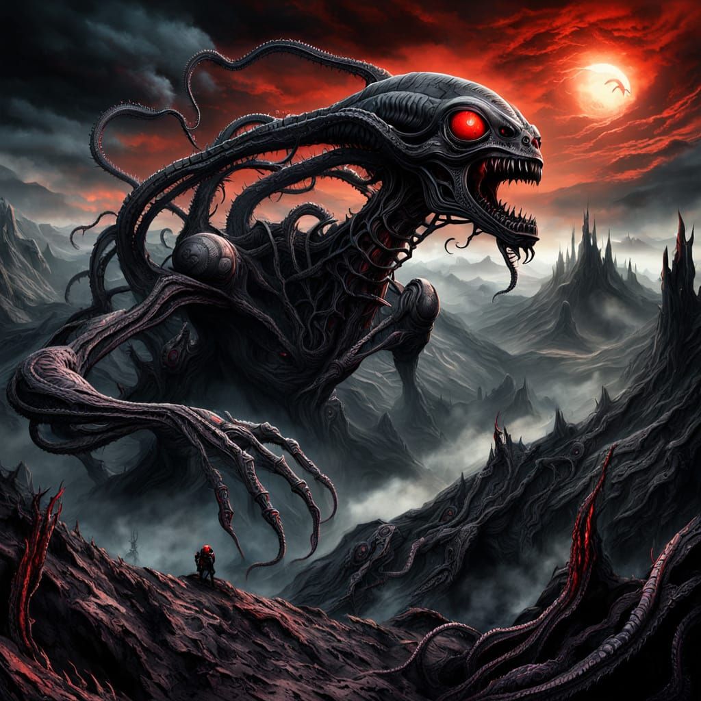 Dark Fantasy Landscape with Alien Creature, Biomechanical Ar...