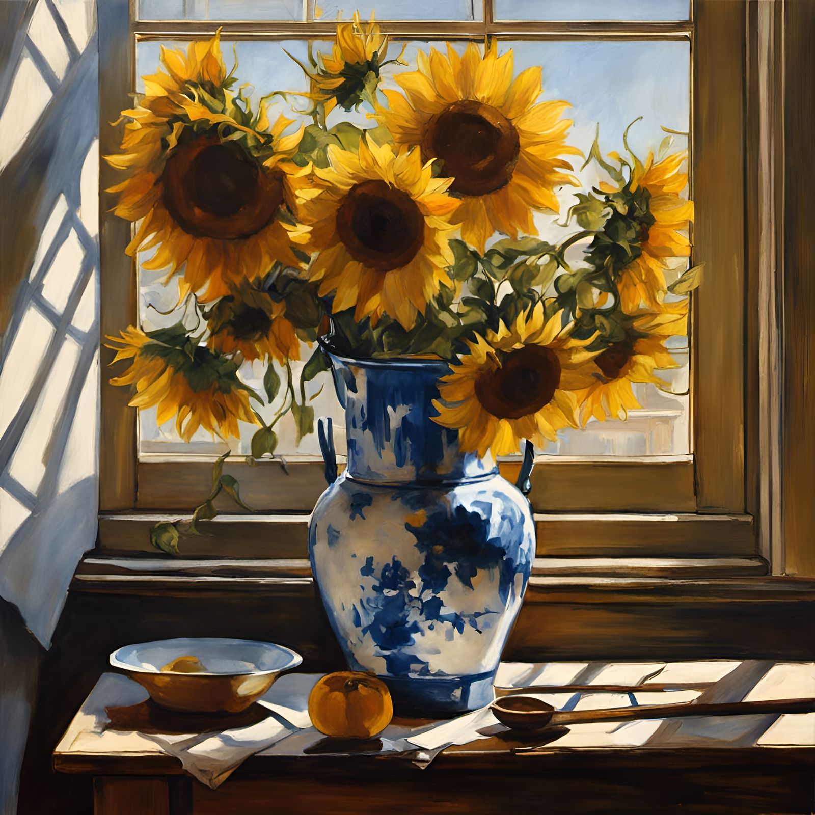 Sunflowers and Delft Blue: Hyperrealist Floral Still Life