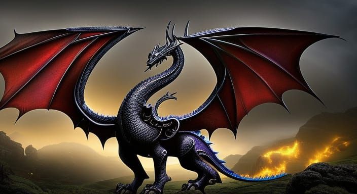 Ominous Black Dragon with Purple Markings in Cell Shading