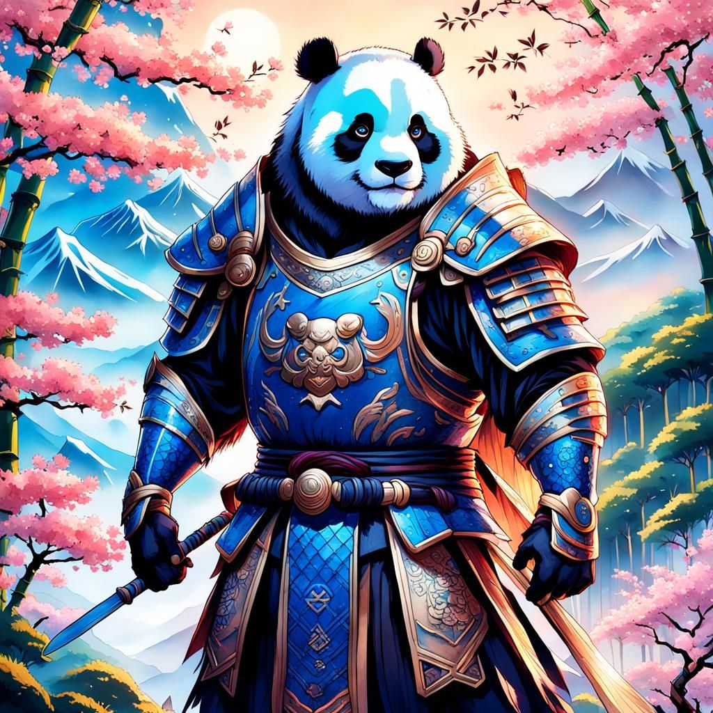 Majestic Panda Warrior in Japanese Fantasy Landscape