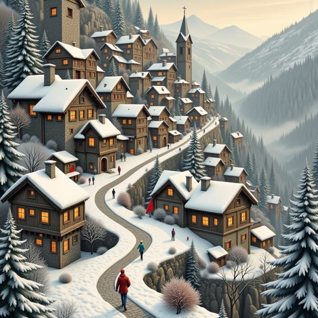 Winter Village Scene in Charcoal Grey and Creamy Whites with...