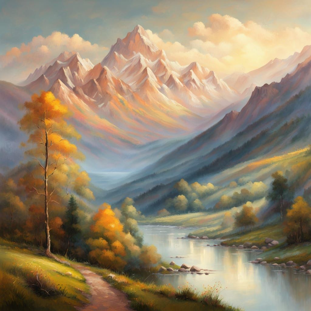 Romantic Oil Painting of Mountain Valley at Golden Hour