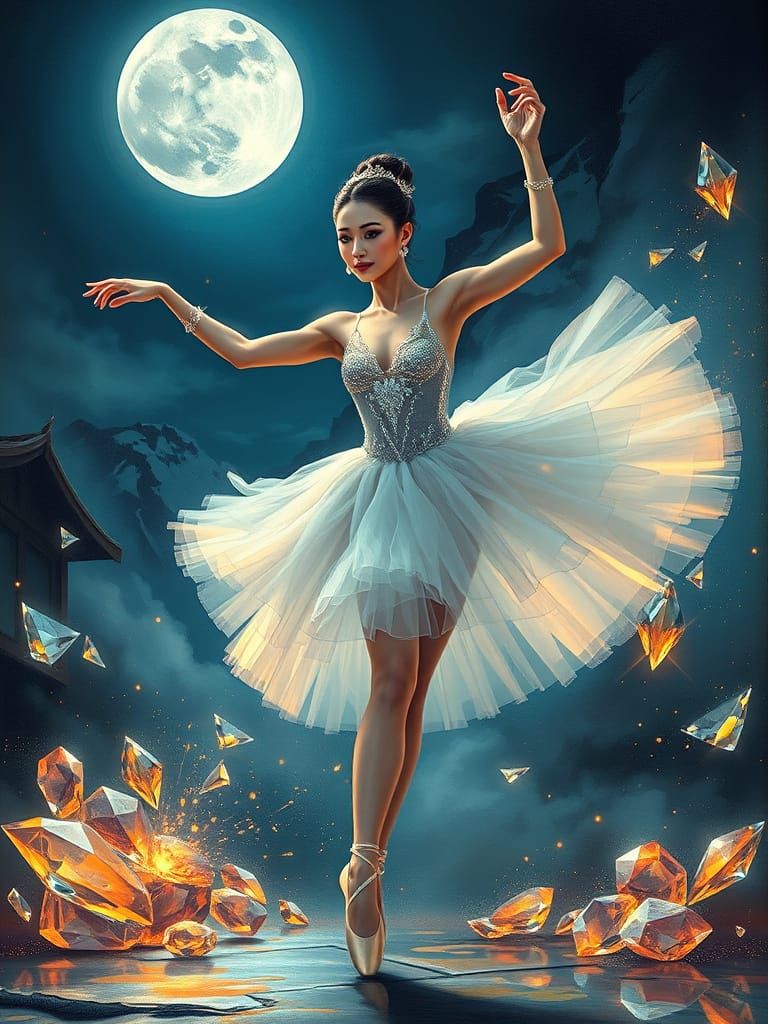 Ethereal Ballerina Dancing Under Moonlight as Oil Painting