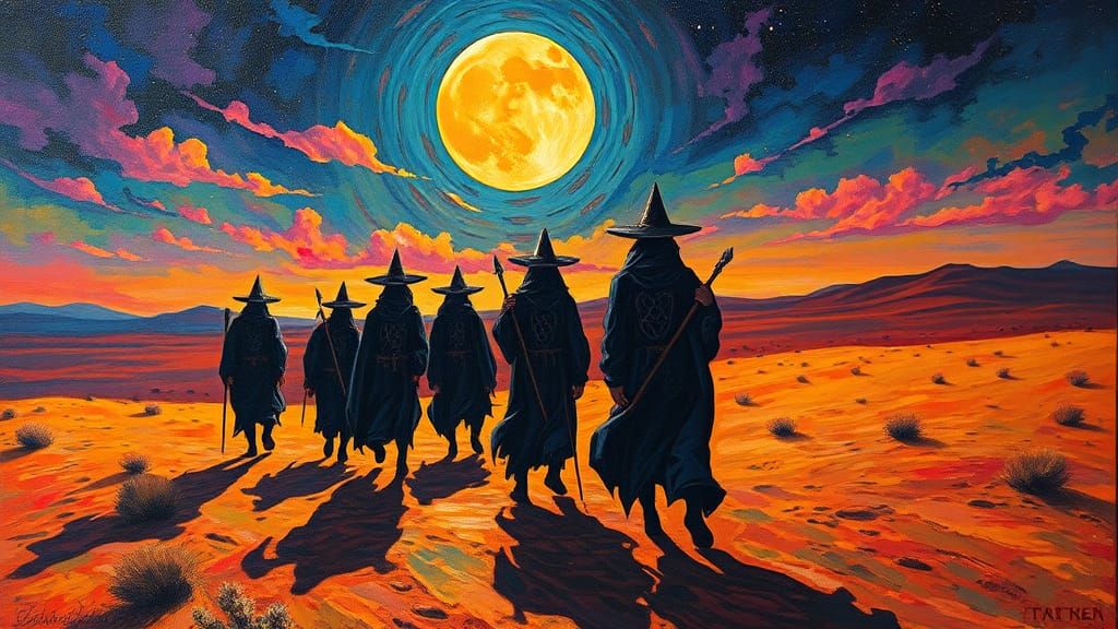Mystical Gypsies Trek Across Moonlit Desert Landscape