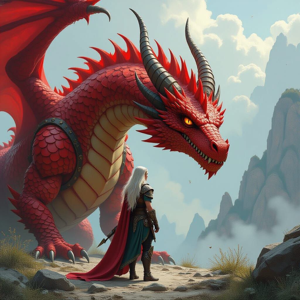 Elf Befriends Mighty Fire Dragon in Fantasy Art Style