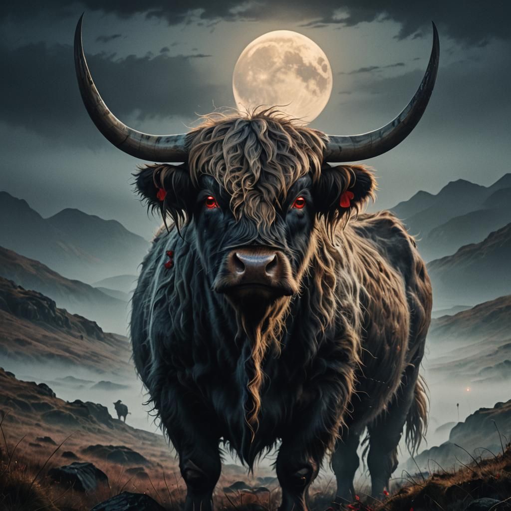 Surreal Highland Cow Confronts Dark Scottish Landscape