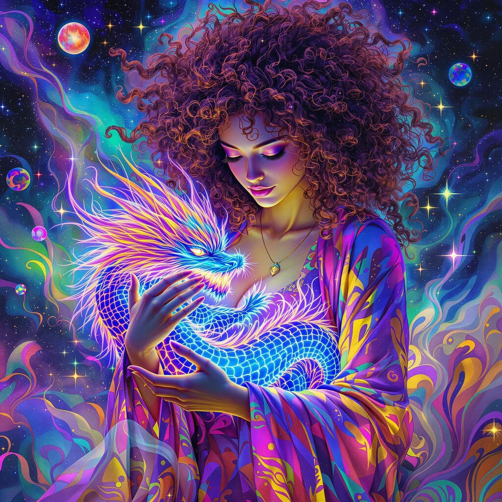 Cosmic Woman with Psychedelic Dragon in Art Nouveau Style