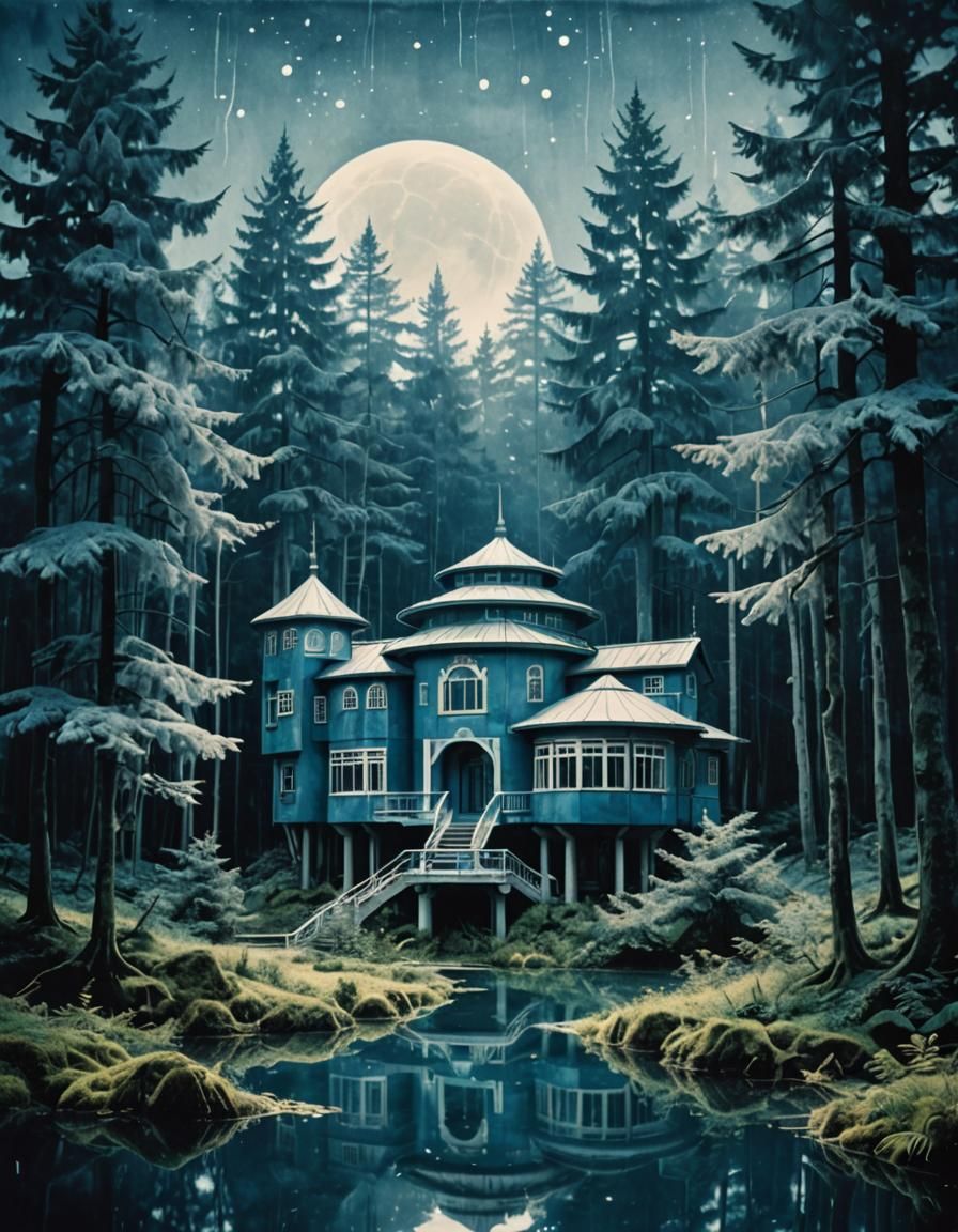 Ethereal Retrofuturistic Landscape in Cyanotype Style