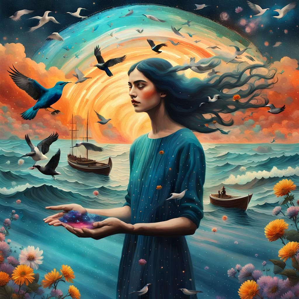 Woman Holding Galaxy in Dreamlike Digital Art