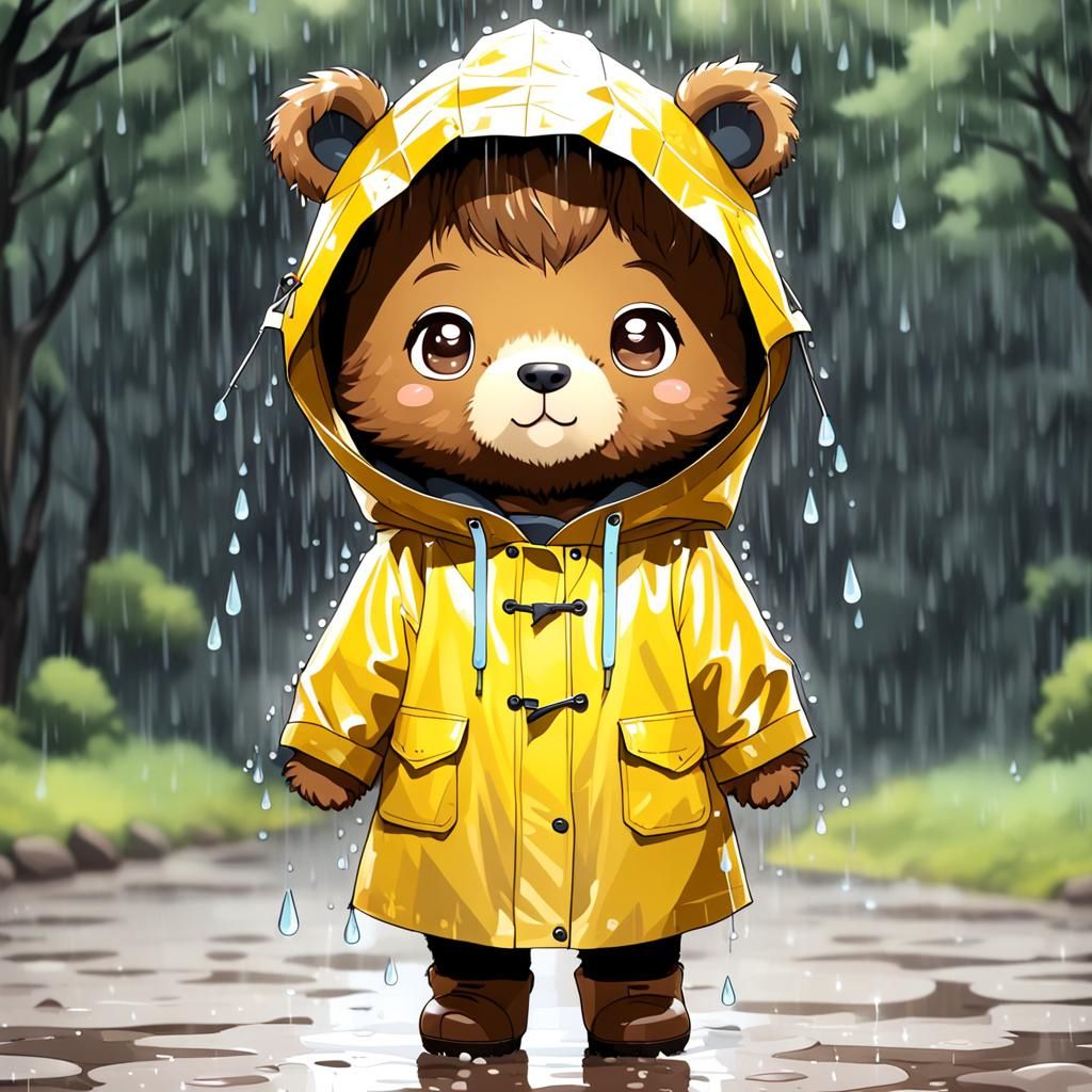 Adorable Bear in Yellow Raincoat: Kawaii Cartoon