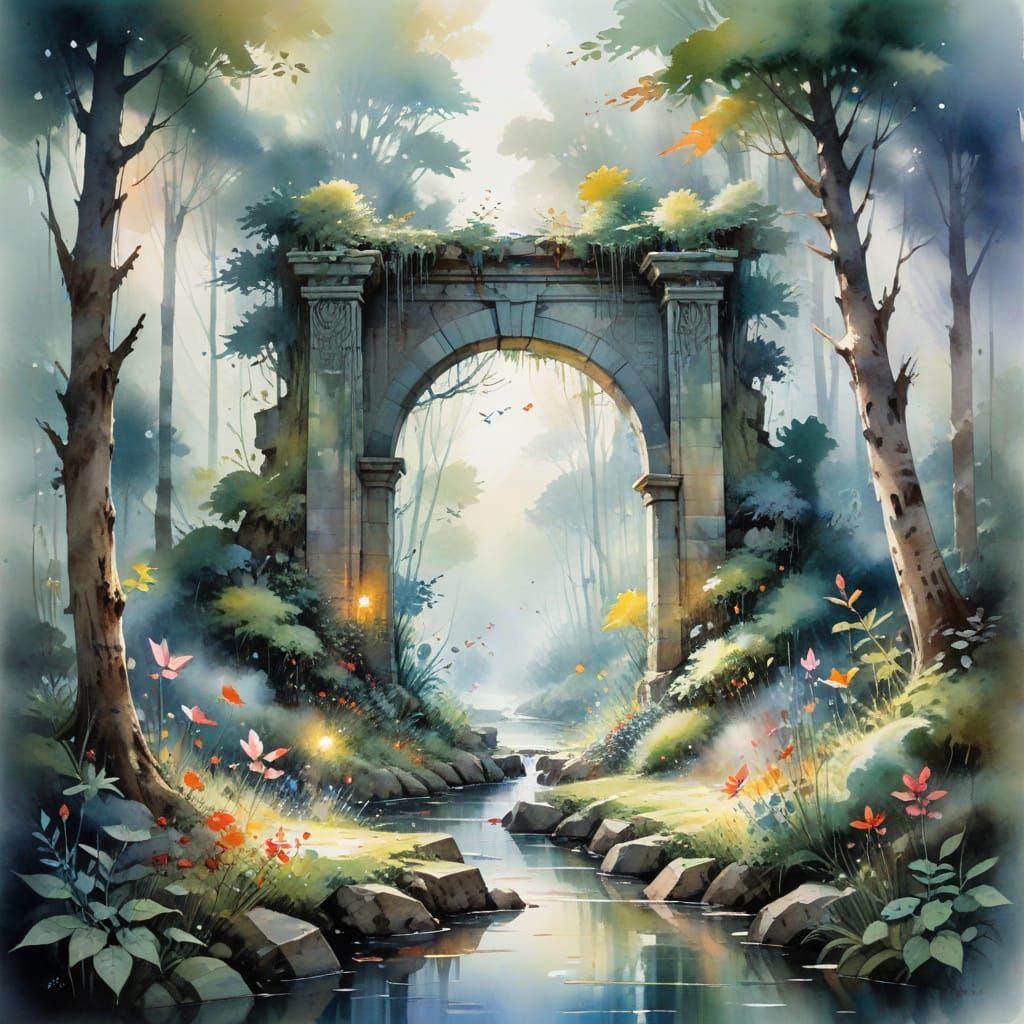 Mystic Portal in Enchanted Forest: Watercolour Fusion