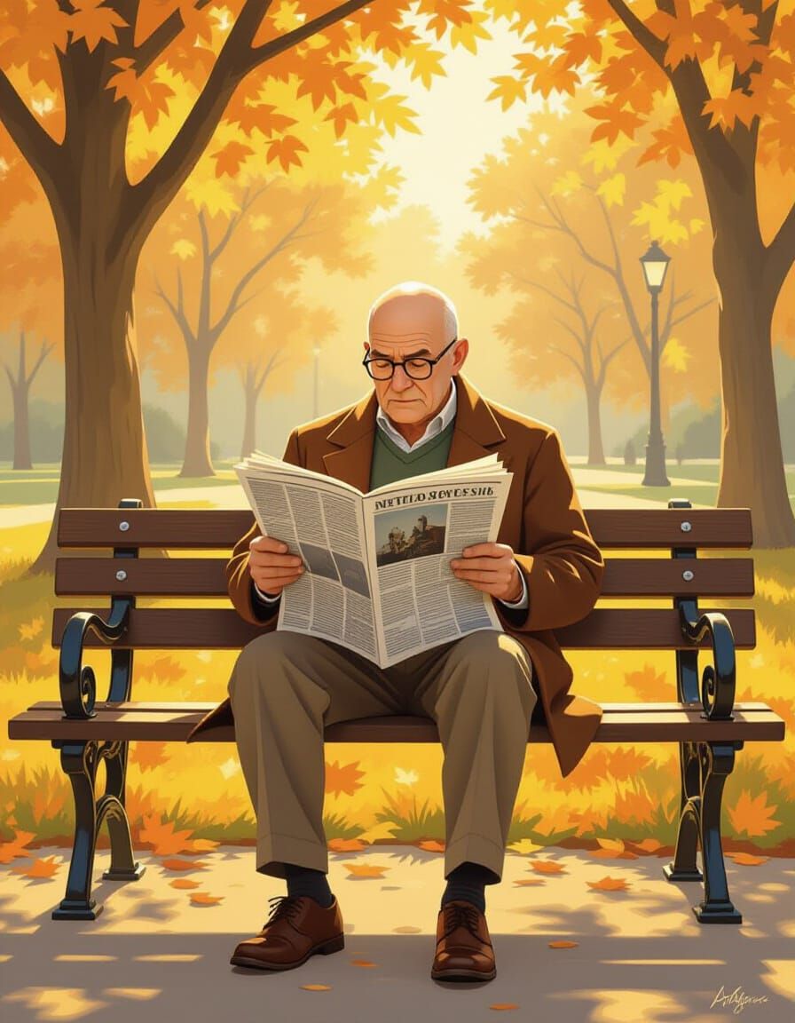 Elderly Man Reads Newspaper in Golden Hour Sunlight