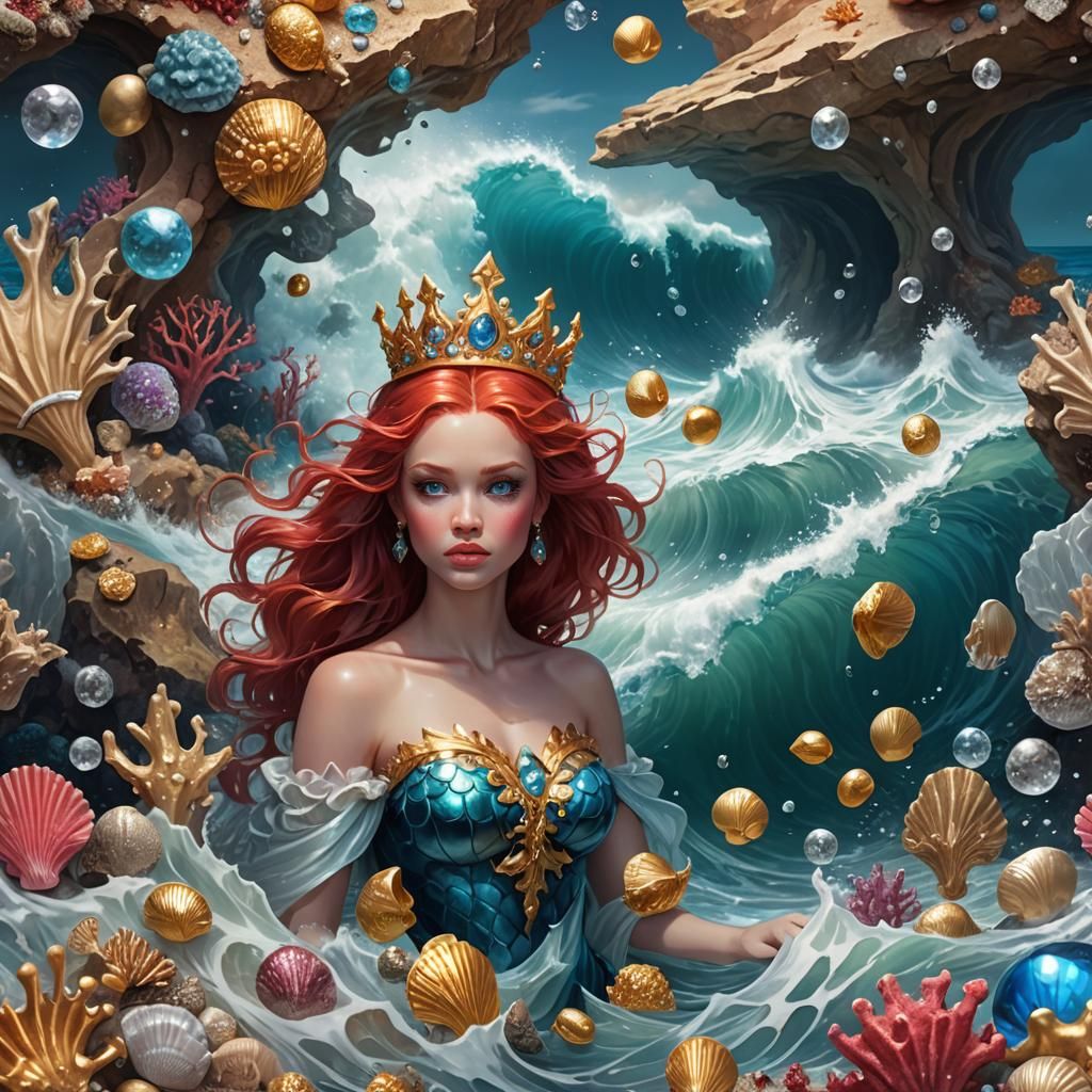 Redhead Mermaid in Translucent Underwater Treasure Scene