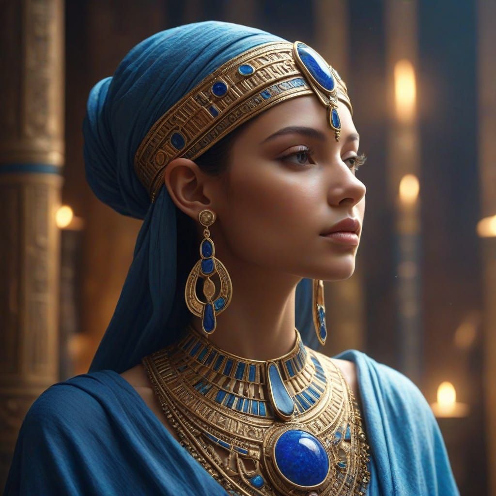 A mysterious priestess in ornate Egyptian jewelry, holding a glowing ankh under a starry night