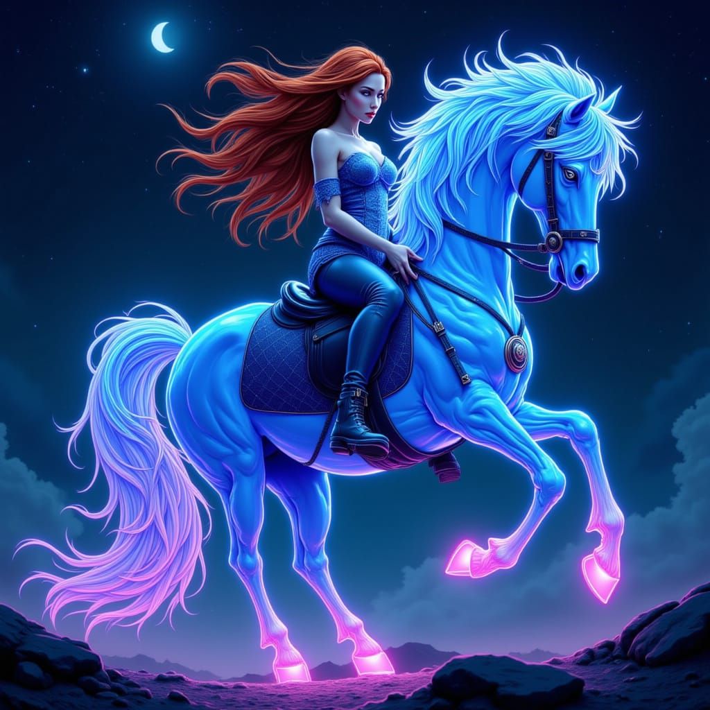 Woman Rides Blue Neon Horse in Cosmic Fantasy Scene
