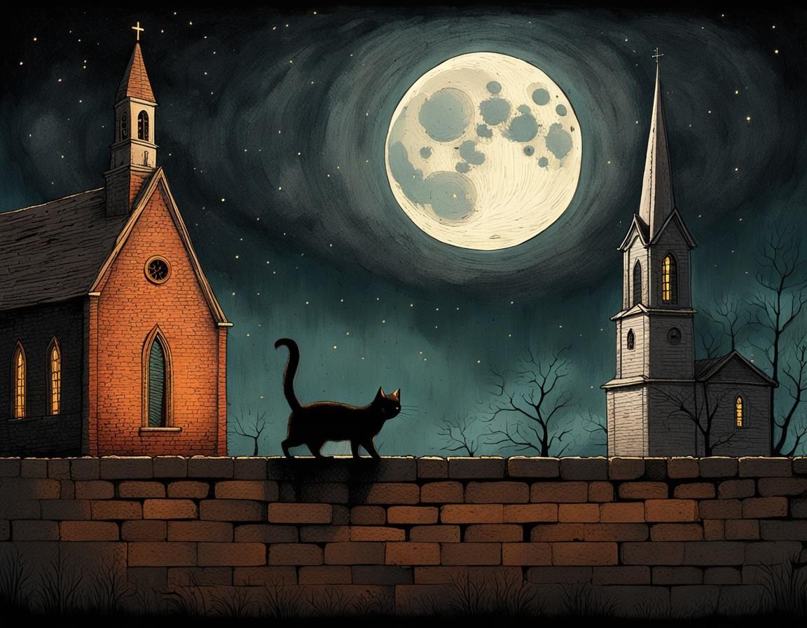 Cat Strolling at Night: Dark Digital Illustration