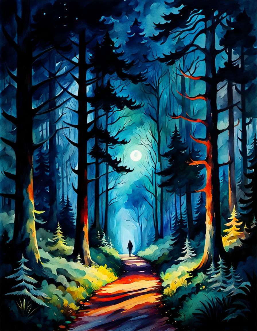 Eerie Forest Path at Night in Watercolor Style