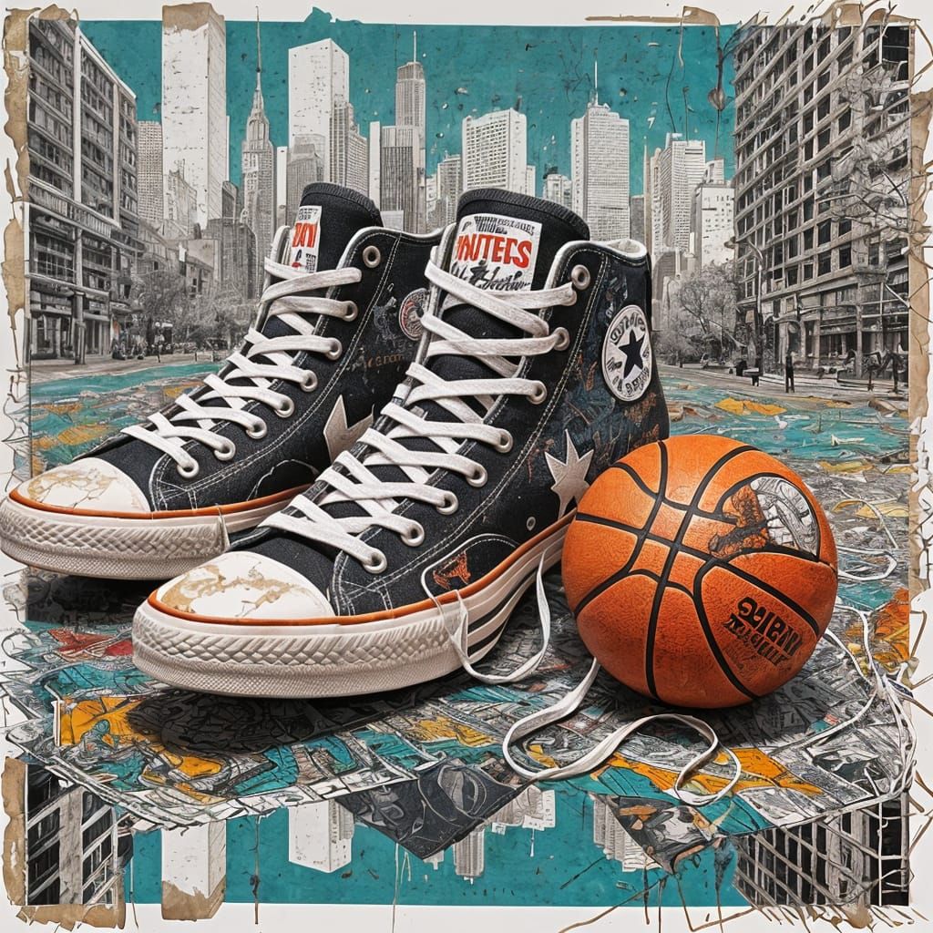Sneakers on a Gritty Chicago Basketball Court in Collage Art...