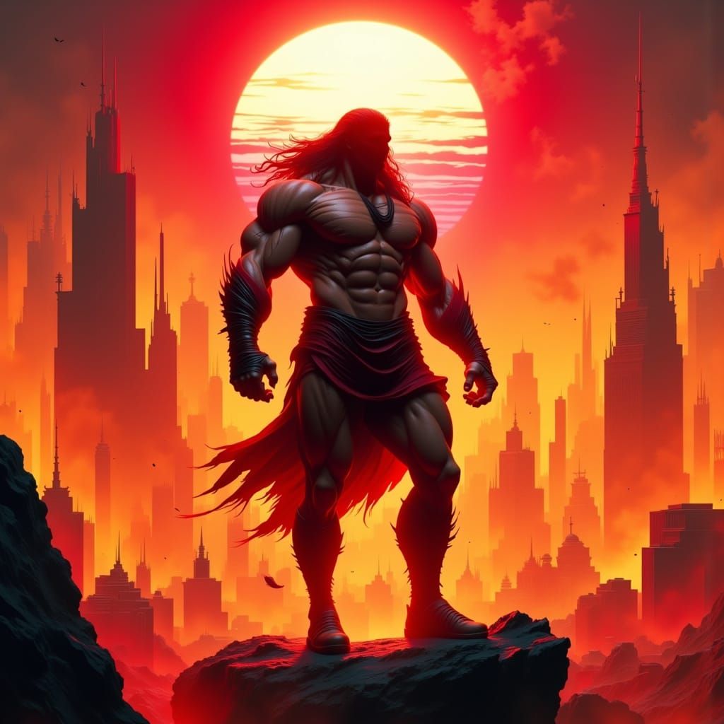 Majestic Hero Illuminated by Fantastical Cityscape