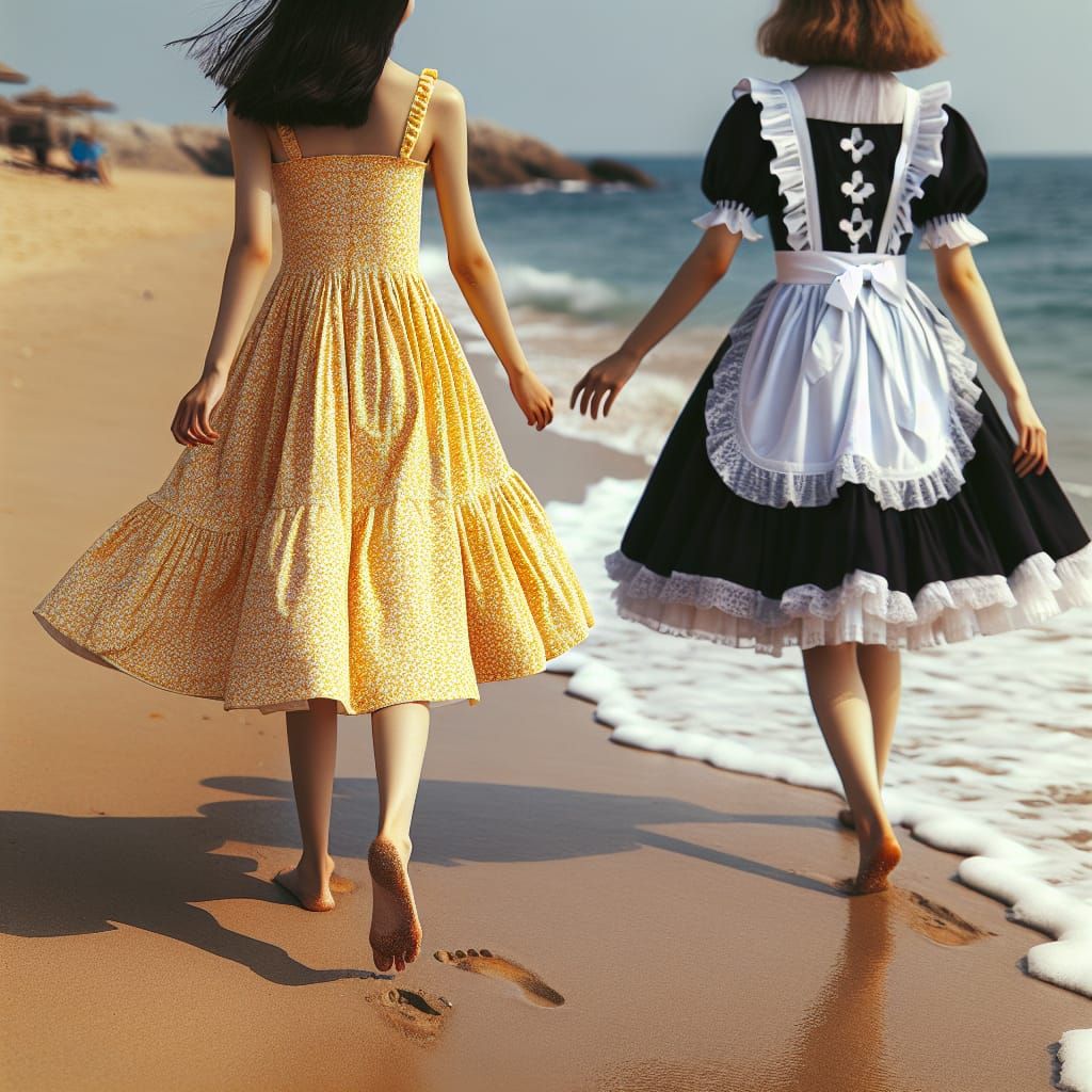 Girls in Sundress and Uniform on Beach