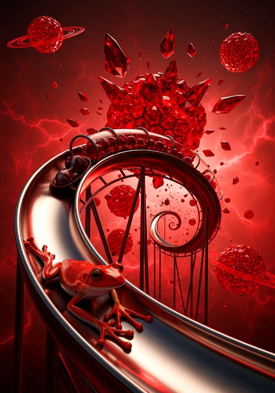 Surreal Red Frog on Chrome Slide in Crystal Nebula