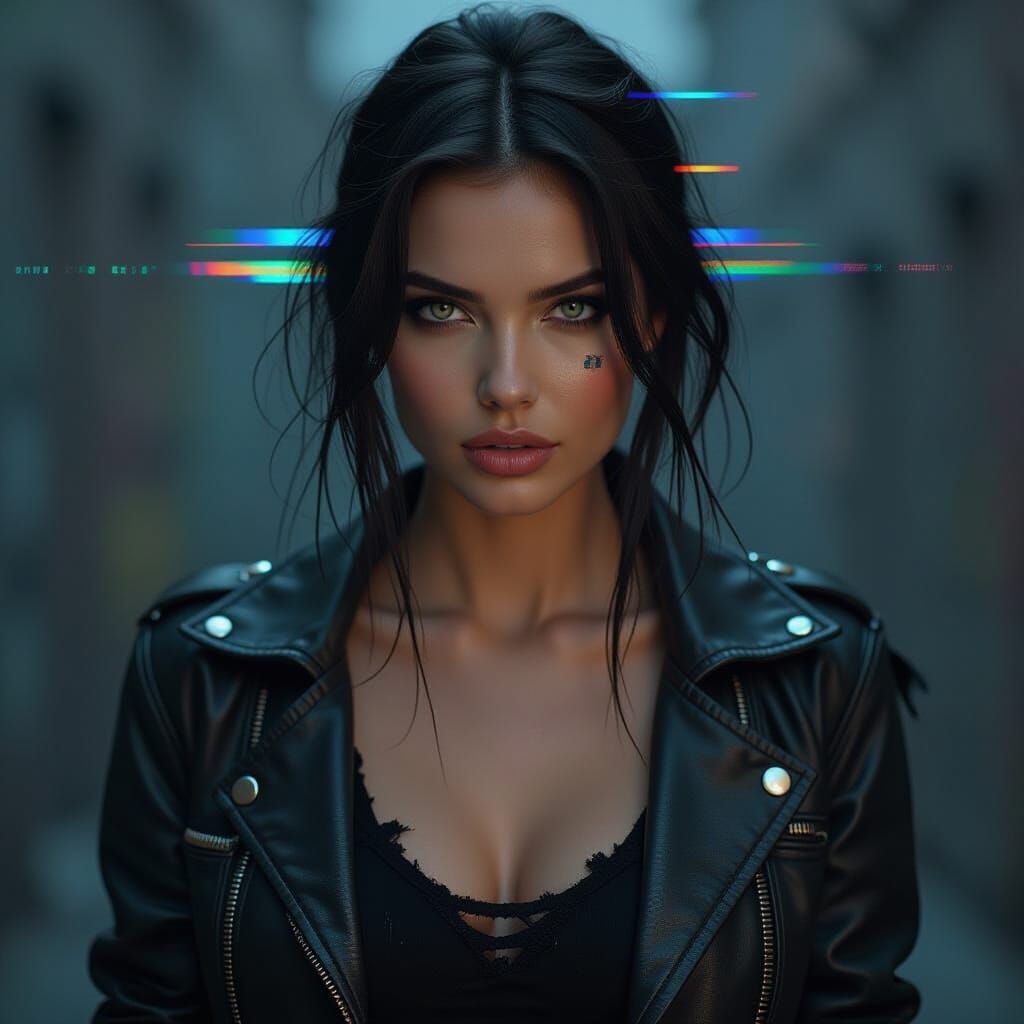 Distorted Glitch Portrait of a Woman in Dark Clothing