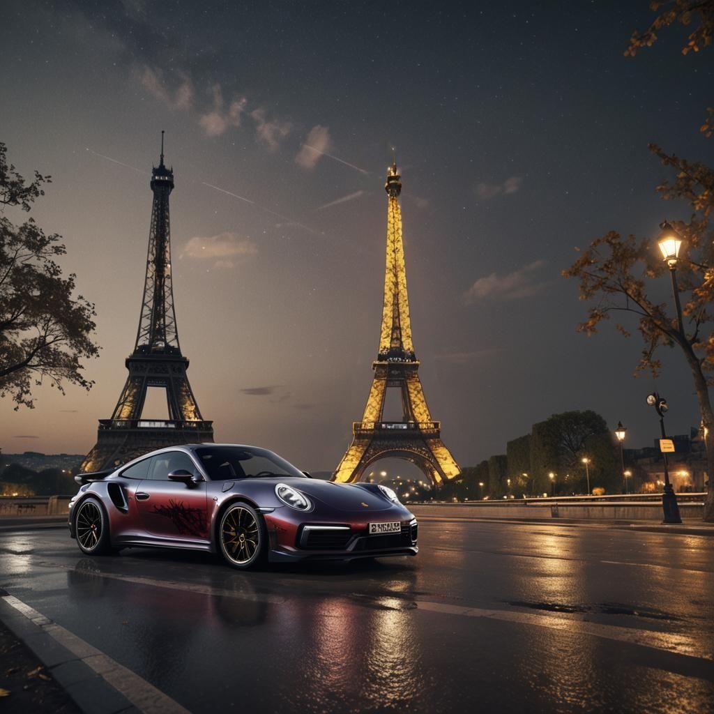 Porsche 911 Turbo at Eiffel Tower, Digital Art