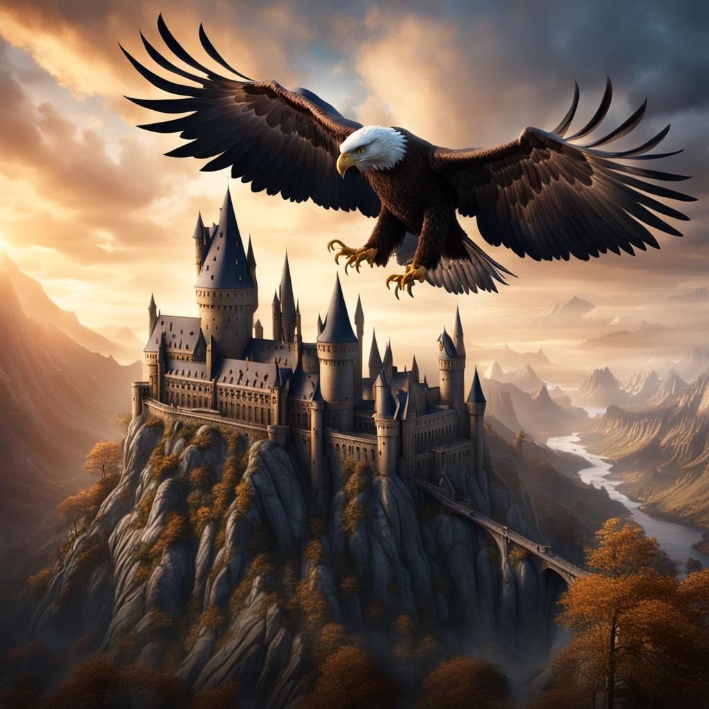 Eagle Flying Above Hogwarts: Detailed Matte Painting
