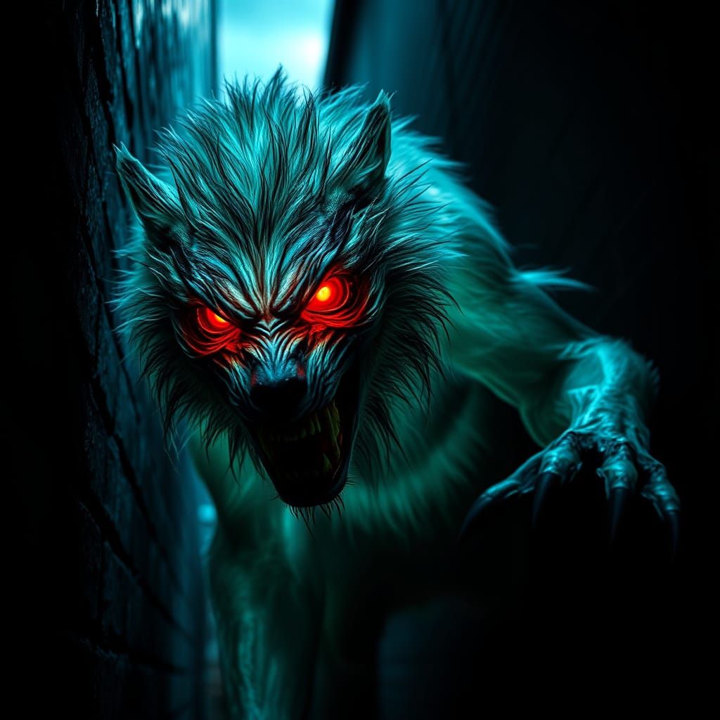 A ghostly werewolf lurking for its prey in a dark alley.