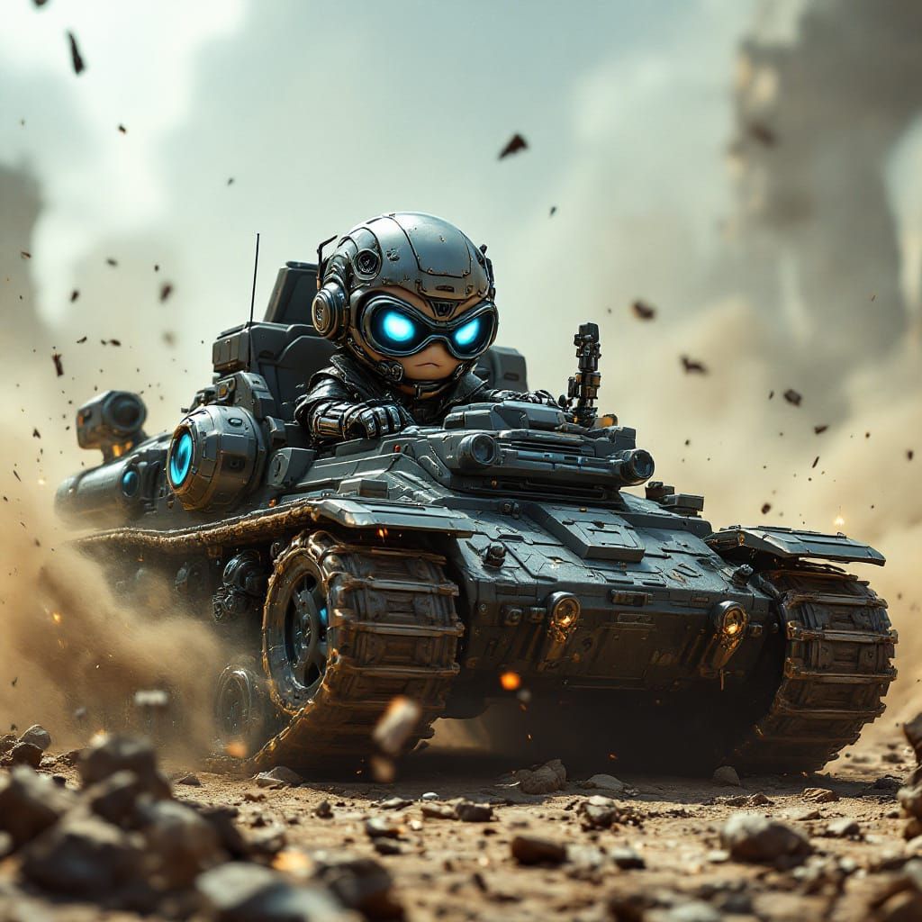 Chibi Cyborg Races Icosagon Tank in Wasteland