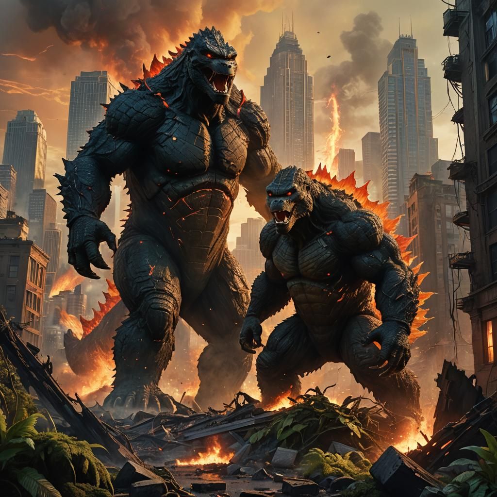 Godzilla and Kong Clash in Ruined City, Fantasy Art