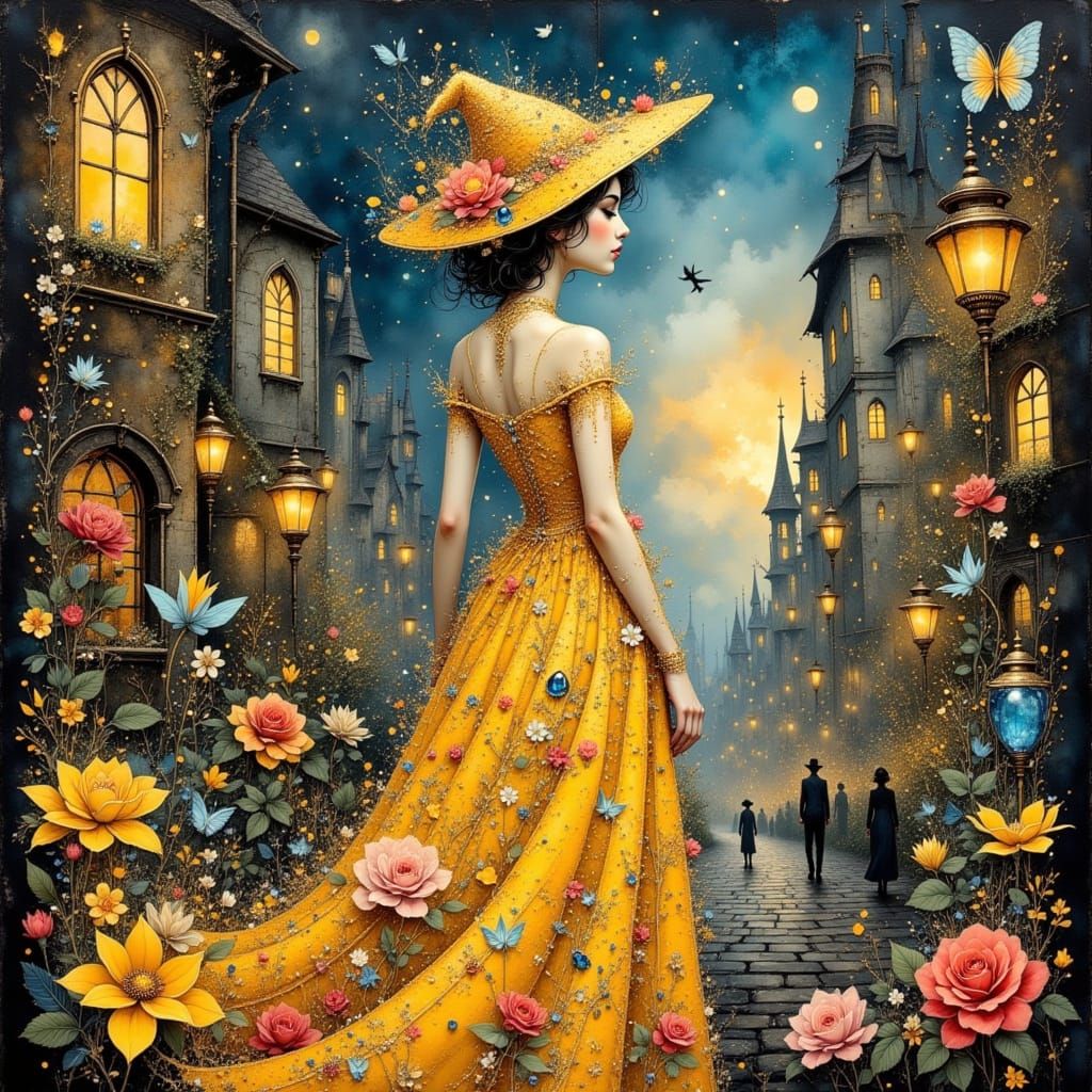 Fantasy Woman in Golden Gown at Twilight