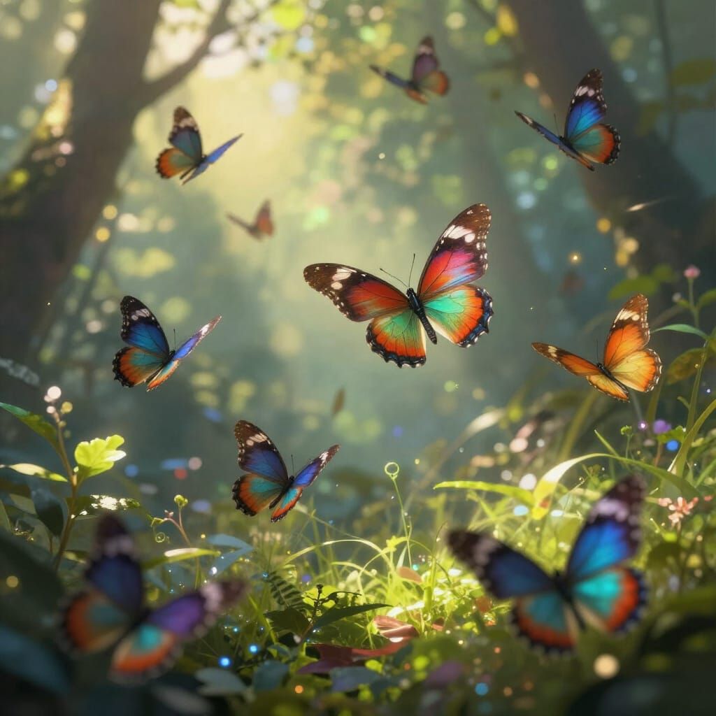 Iridescent Butterflies in Sun-Dappled Enchanted Forest