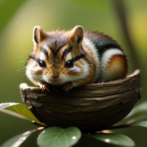 macro of a tiny fuzzy chipmunk with big cheeks asleep in an ...