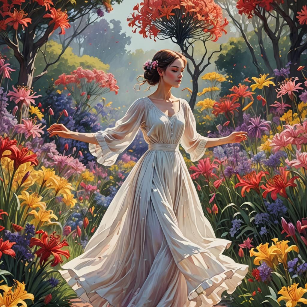 A graceful woman, wearing a long white dress