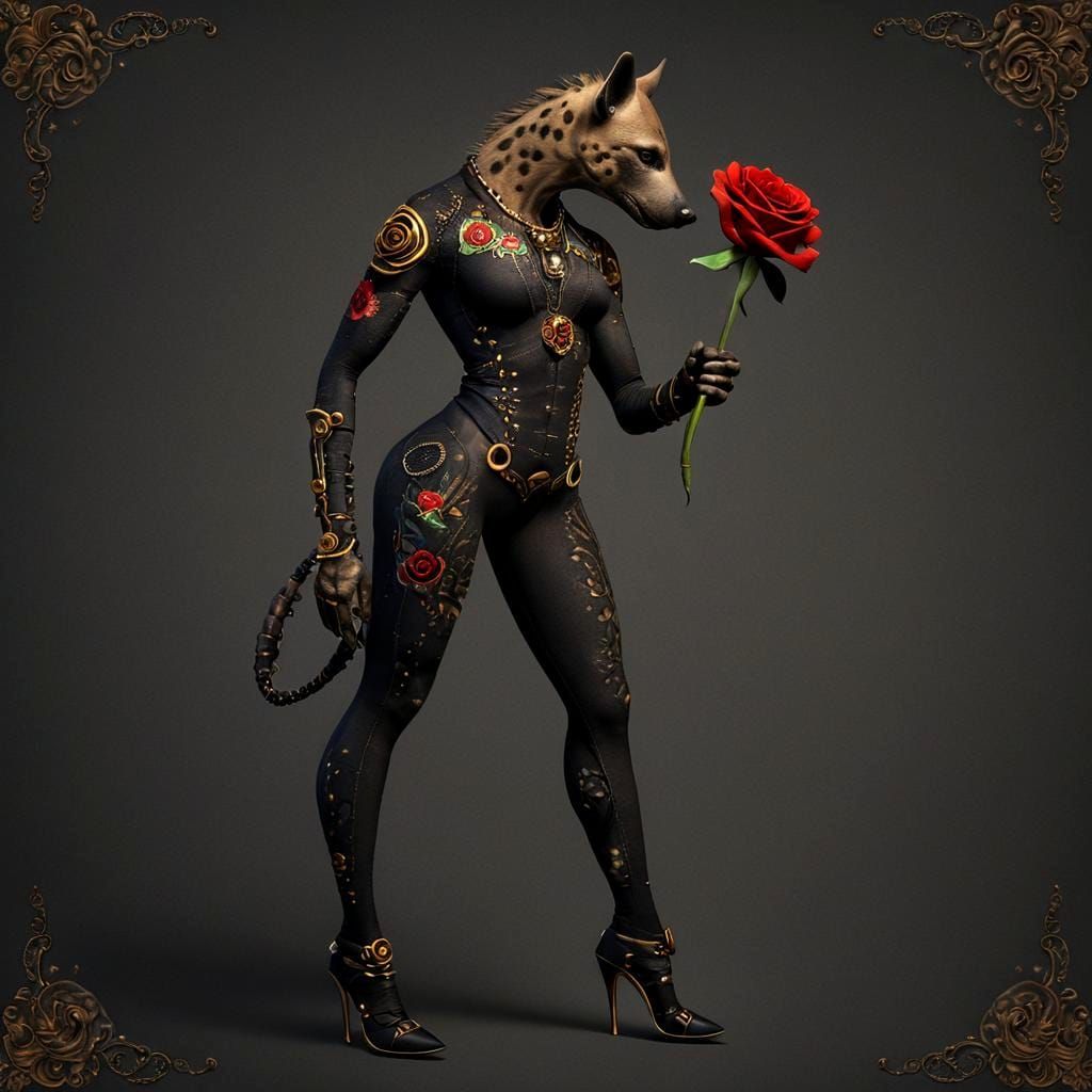 Steampunk Hyena with Floral Tattoos in Cosmic Scene