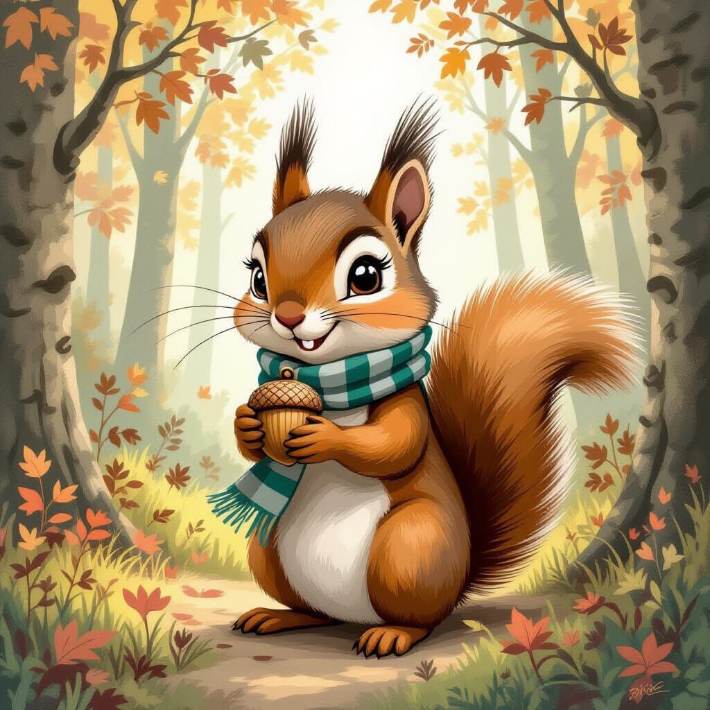 Whimsical Forest Squirrel with Acorn in Potter Miyazaki Styl...