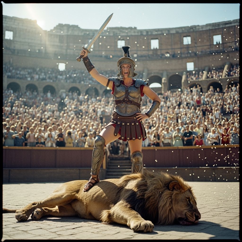 Victorious Gladiator Poses Atop Slain Lion