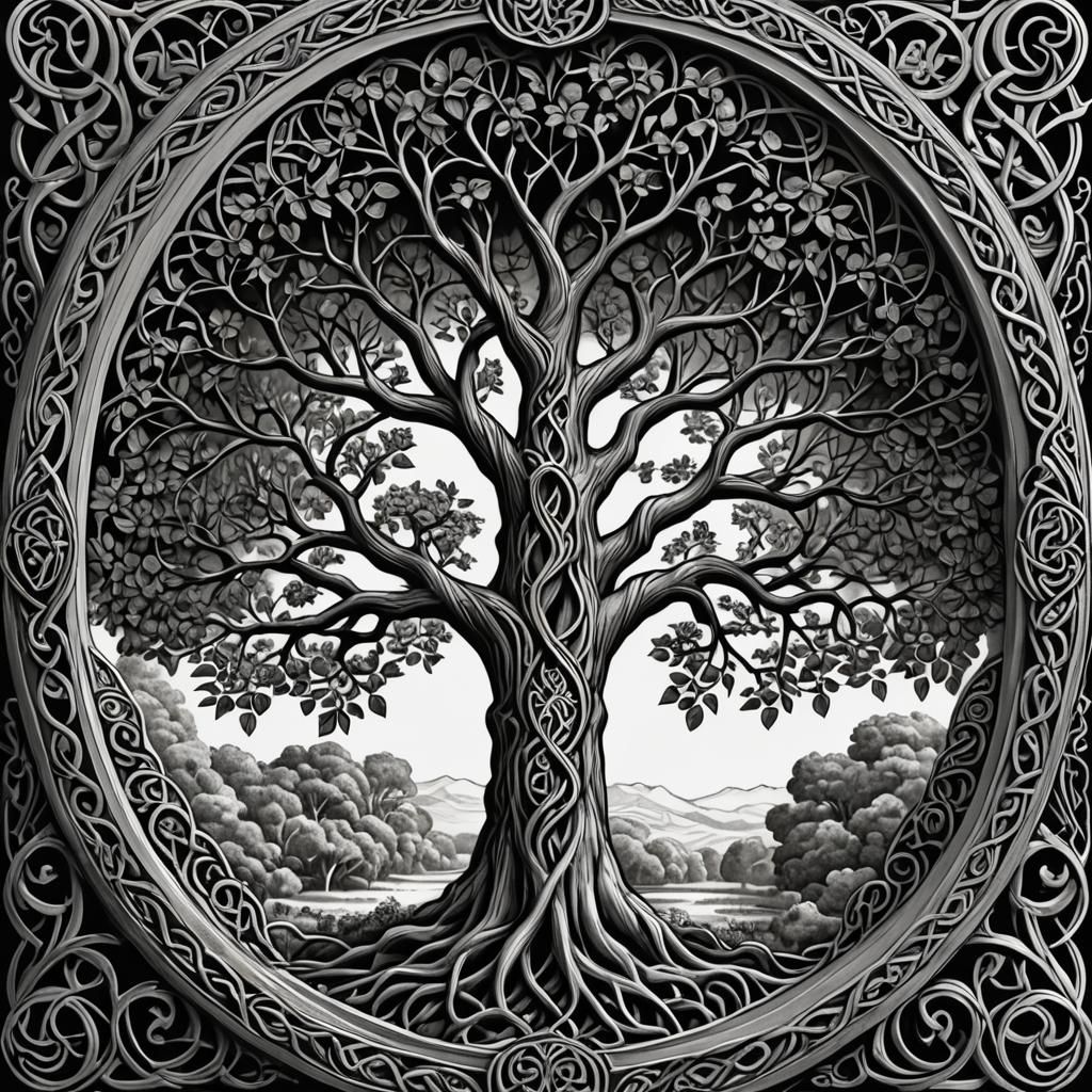 Celtic Mythology - The Tree of Life. Black and White Line Ar...