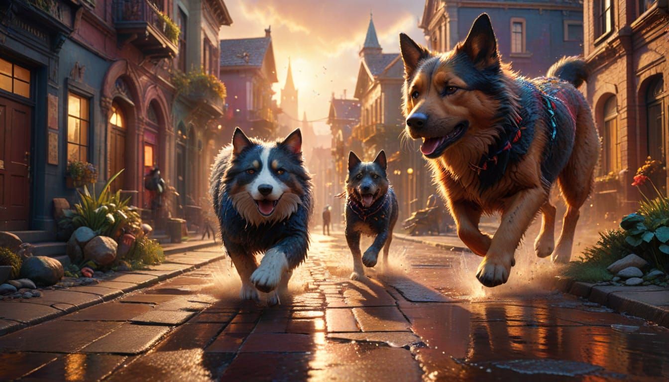 Giant Cat and Dog Chase in Miniature City