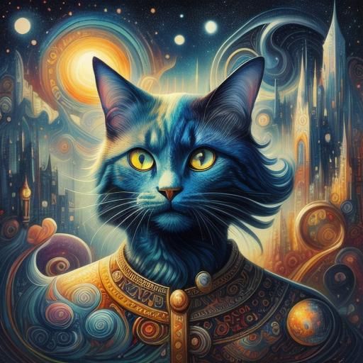 Whimsical Surrealist Cat Portrait in Watercolor