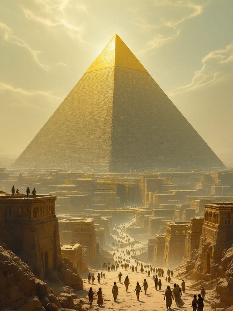 Egyptian Pyramid of Gold in Cyberpunk Landscape