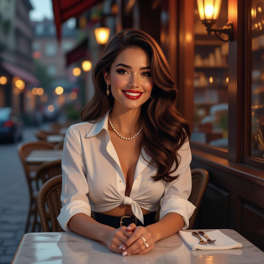 Vintage Brunette at Pizzeria in Nostalgic Style