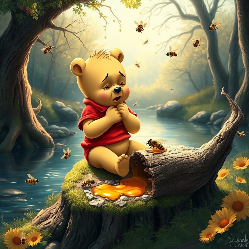 Surreal Winnie the Pooh Scene in Whimsical, Realistic Style