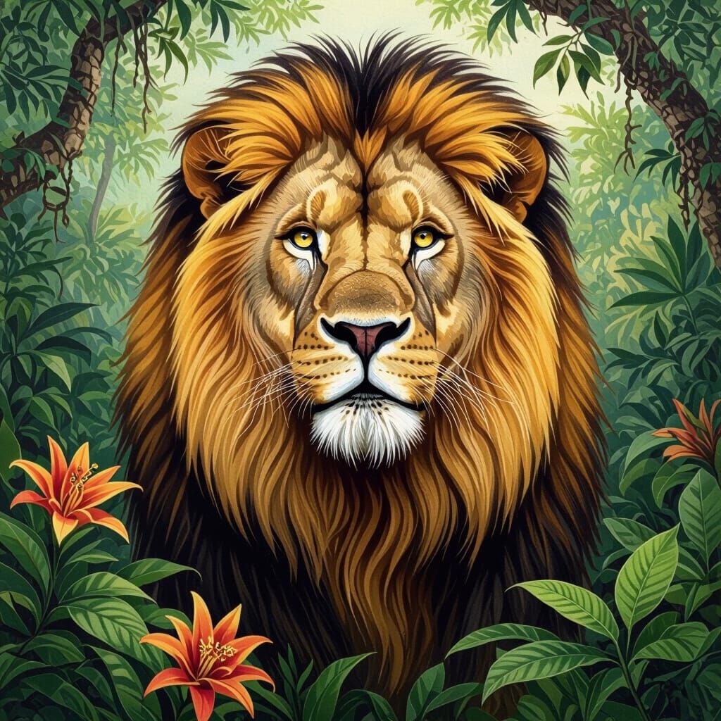 Majestic Lion in Jungle, Wildlife Illustration